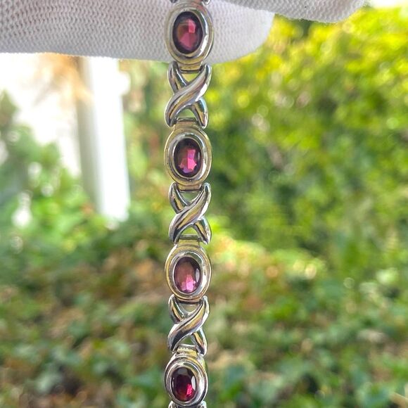 Vintage 925 Sterling Silver Garnet Stone XO Link Bracelet 7" / Fits 6.5" Wrist - Picture 3 of 10